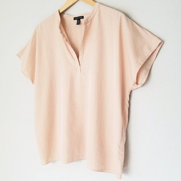Eileen Fisher Mandarin Collar Top M Dune Tencel Blend Lightweight Lagenlook $198 - Picture 14 of 16